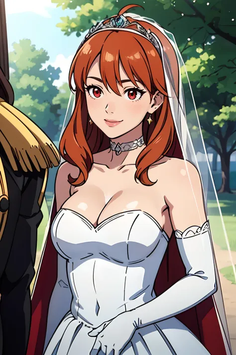 celica fe, red eyes, hair between eyes, ahoge, dark orange hair, star (symbol), hair ornament, dress, cleavage, bare shoulders, collarbone, long white elbow gloves, white gloves, white dress, white choker, strapless, tiara, veil, strapless dress, wedding d...