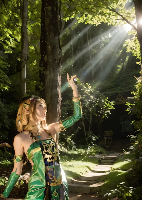 woman in the forest with sword and sunlight, from《legend of zelda》, zelda with triforce, portrait of princess zelda, princess ze...