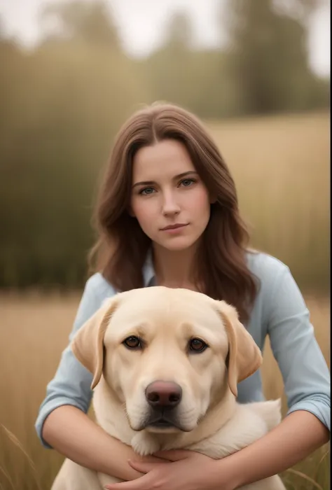 Arafed woman holding a labrador dog in a field of tall grass, retrato de alta qualidade, Directed by: Emma Andijewska, foto retrato suave 8 k, foto de retrato, color photograph portrait 4k, close up foto de retrato, close - foto retrato acima, retrato perf...