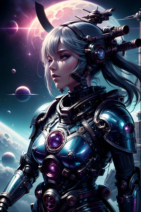 "sci-fi painting, enigmatic girl shinobi, katana wielder, space wanderer, planetes in the distance, futuristic science fiction, ...