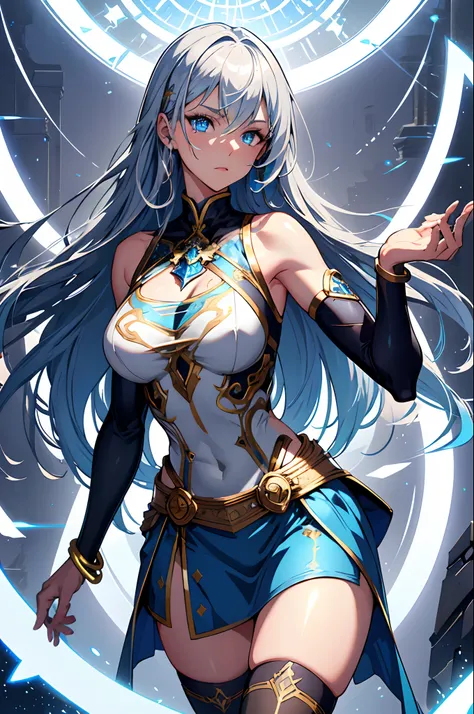 highres, highest quality, illustration, ultra detailed, (detailed face), (detailed eyes), cinematic lighting, best quality, hyper detailed, masterpiece,1girl, solo, long hair, blue-streaked silver hair, blue eyes, long blue color female knight dress, chest...