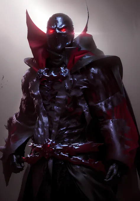 Arafed macho em um traje preto e vermelho com uma capa vermelha, Gerar, David Tennant como Spawn, Todd McFarlane, black octane render, dark supervillain, Iconic character of high detail, Simbionte, nightmare render, arte do personagem do motor irreal, Retr...