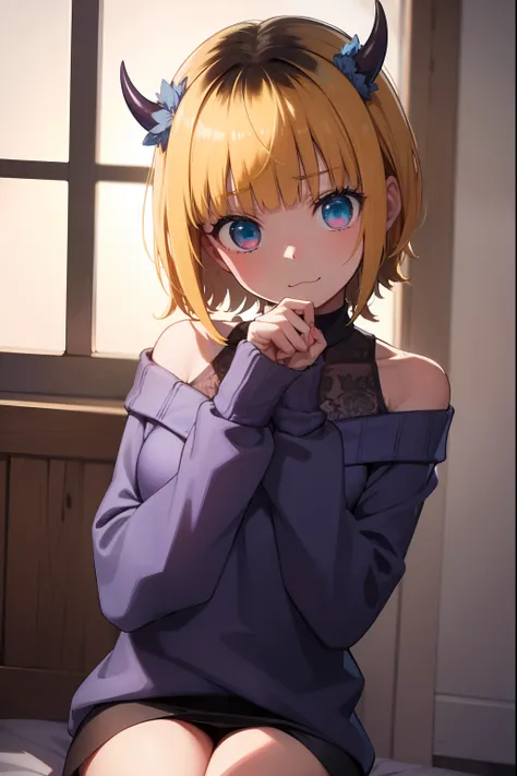 memcho, memcho, blonde hair, blue eyes, blunt bangs, demon horns, fake horns, horns, short hair,
BREAK bare shoulders, black skirt, (blue sweater:1.5), long sleeves, off shoulder, off-shoulder sweater, puffy sleeves, skirt, sweater, white ribbon,
BREAK loo...