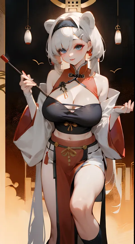 Bigboobs，cropped shoulders，knee length socks，Stand up，Chinese big breasts，Oriental clothing，Hanfu，heavy  makeups，putting makeup on，Hairpins，complicated decoration