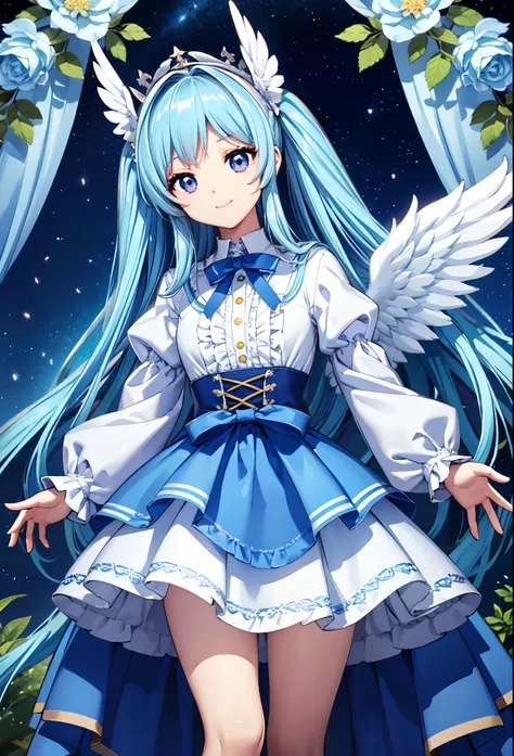 Angel wings shining in seven colors、Kawaii Girl、adorable smiling、Light blue long hair、Twin-tailed、Colorful angel costume in lolita style with ruffles、A blizzard of fluttering flowers(Some photos)、((top-quality))、((​masterpiece))、(ighly detailed、highestdeta...