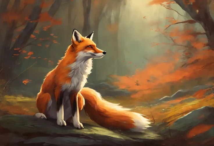 (a beautiful detailed painting,realistic:1.37),the quick brown fox,standing on its hind legs,gracefully leaping over the lazy dog,bathed in warm golden sunlight,flickering shadows enhancing the atmosphere,an enchanting forest as the backdrop,emerald green ...