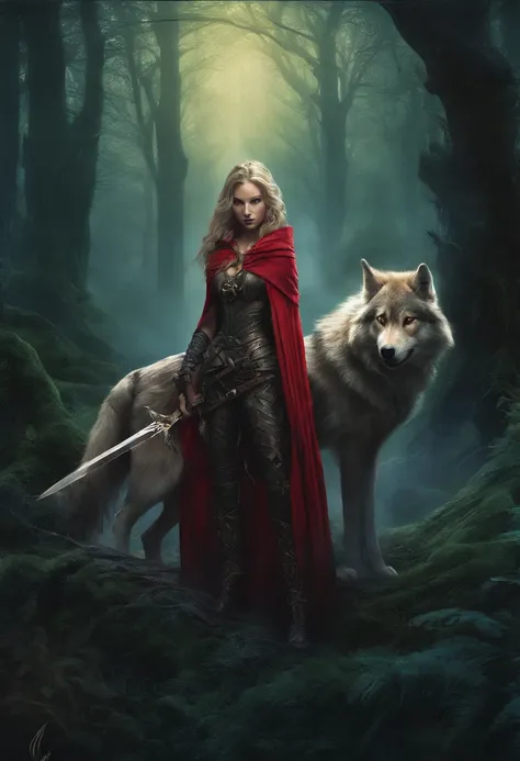 fantasy art, RPG art, Dark fantasy art, ultra wide shot, RAW, photorealistic, a picture of female human ranger and her wolf pet, the ranger, an exquisite beautiful human woman, long blond hair, braided hair, green eyes, wearing leather armor, wearing (red ...