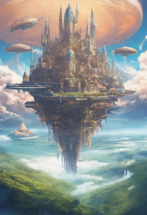 ((A vast world above the clouds:1.2)), (A large and magnificent castle in the center), A castle town in front of the castle, Airships flying around the castle, during daytime, The sky is clear,