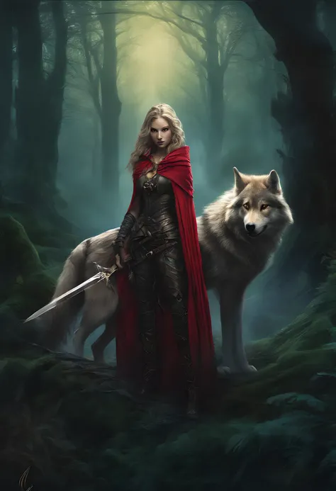 fantasy art, RPG art, Dark fantasy art, ultra wide shot, RAW, photorealistic, a picture of female human ranger and her wolf pet, the ranger, an exquisite beautiful human woman, long blond hair, braided hair, green eyes, wearing leather armor, wearing (red ...