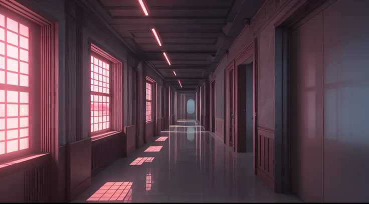 A corridor that full of towers. Grass floor. And pools that have red color in a cyberpunk world. Raining, there is a guy who walks into the corridor realistic, photo realistic, octane render 8k, Lumen Reflections, Super-Resolution, gigapixel, color grading...