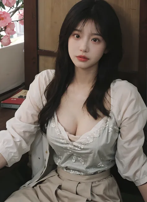 best qualtiy， 超高分辨率， （realisticlying：1.4）， one-girl， A pair of clear and moving peach blossom eyes,Royal Sister，Black long straight，Yellow tight skirt， （big cleavage breasts：1.4）， looking at viewert， closeup cleavage ，