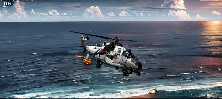 arafed helicopter flying over the ocean with a cloudy sky, dcs world style, dcs world, ssao 8 k, helicopters firing, gunship, helicopter, air support, rendered in arnold engine, [ 4 k photorealism ], arma 3, arma 3 screenshot, helicopters, high resolution ...