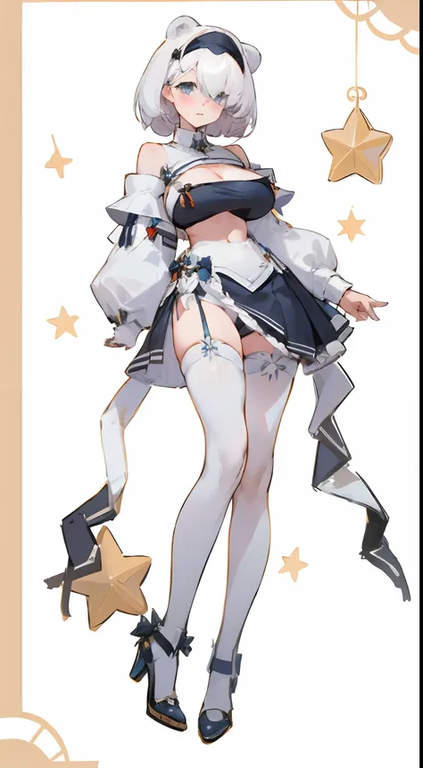 Bigboobs，cropped shoulders，White knee-length stockings，Maids wear，maidennurse，Stand up，standing straight，high-heels，Star decoration