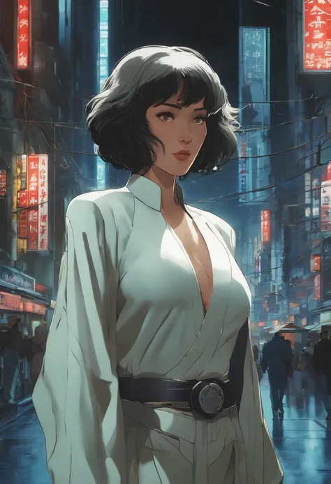 Ghost in the shell in the 90s retro anime style, droid, sci-fy, Futuristic, surrealism, akira style, Installed, detailed line art, Fine details, Greg Rutkowski Makoto Shinkai Key Art of Kyoto Animation Female gaze-level shot