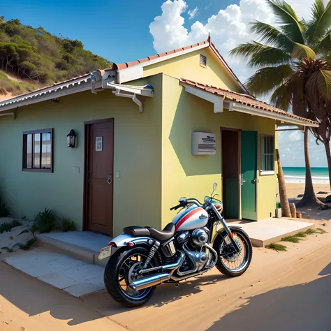 Uma casa na praia comigo numa moto custom em frente