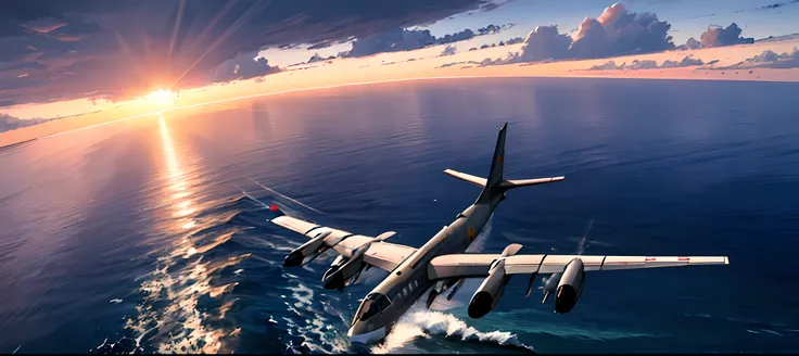 there is a large plane flying over the ocean at sunset, realistic aircraft, realistic aircrafts, dcs world style, strafing attack plane, official screenshot, aircraft, bomber planes, realistic military carrier, airborne view, dcs world, rendered, dcs world...