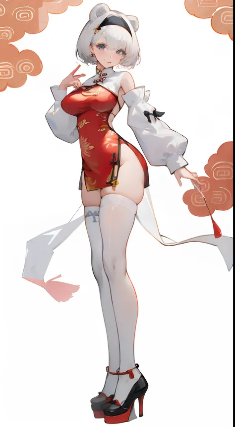 Bigboobs，cropped shoulders，White knee-length stockings，on cheongsam， White high-split cheongsam，Stand up，standing straight，high-heels ，Decorated with Chinese elements，