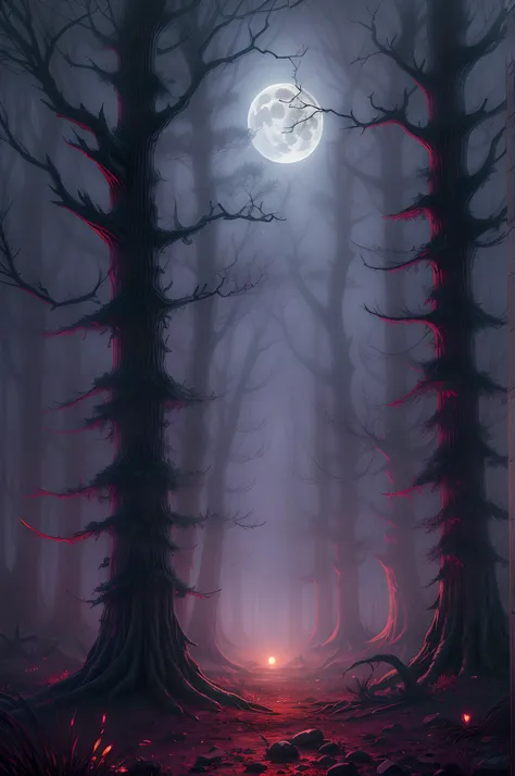 fantasy art, RPG art, ultra wide shot, RAW, photorealistic, a picture of a dark fantasy forest, mist rising from ground crawling mist, its night time, moon rises in the horizon, yet there is a (pair of red predator eyes) you see between the trees,