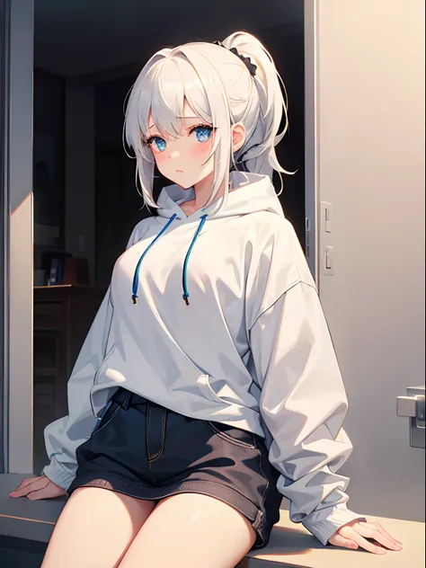 1girl in, Medium White Hair, blue eyes, Pony tail, Cute, blush, medium breasts⁩, oversize hoodie