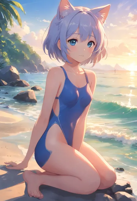 Cat-eared girl in swimsuit,Sit on the shore, Break，silber hair，eBlue eyes，(((Sleeveless)))，(((Barefoot)))，loli in dress, small curvaceous loli, Guviz-style artwork, Guweiz in Pixiv ArtStation, Guweiz on ArtStation Pixiv, Guviz, small loli girl, Soft anime ...