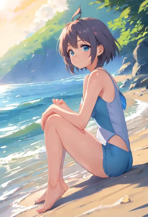 Cat-eared girl in swimsuit,Sit on the shore, Break，silber hair，eBlue eyes，(((Sleeveless)))，(((Barefoot)))，loli in dress, small curvaceous loli, Guviz-style artwork, Guweiz in Pixiv ArtStation, Guweiz on ArtStation Pixiv, Guviz, small loli girl, Soft anime ...