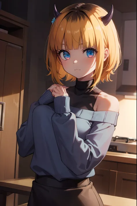 memcho, memcho, blonde hair, blue eyes, blunt bangs, demon horns, fake horns, horns, short hair,
BREAK bare shoulders, black skirt, (blue sweater:1.5), long sleeves, off shoulder, off-shoulder sweater, puffy sleeves, skirt, sweater, white ribbon,
BREAK loo...