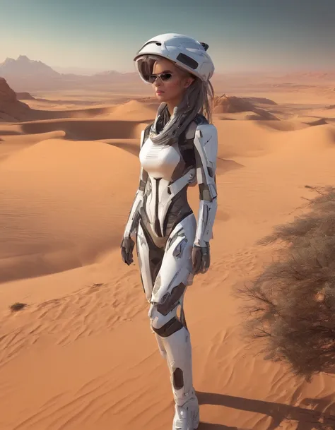 ((Best quality)), ((masterpiece)), ((realistic)), ((Best quality)), ((masterpiece)), ((realistic)), Girl walking in desert, extremely large breasts, cleavage, looking tired, wearing Loose-fitting clothing Long-sleeved shirts and pants, Headgear, Sunglasses...