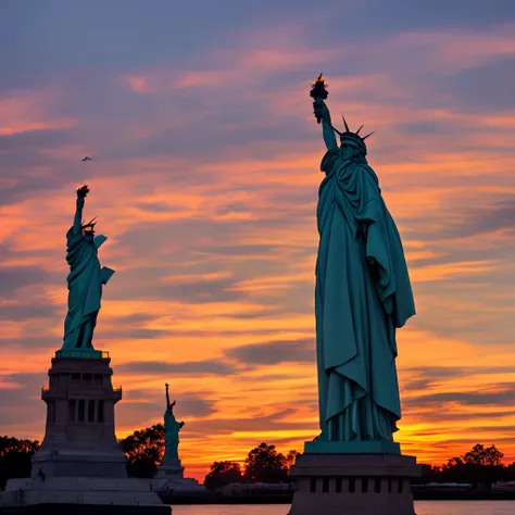 red coat British looking up frightened at American war planes flying overhead with with the statue of Liberty and American eagle on the statues shoulder in the background on a October sunset night in Florida