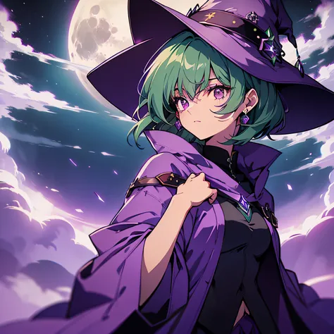 top-quality、extremely delicate and beautiful、(A teenage girl)、Purple Eye、Green hair、short-haired、(purple witch hat)、Purple tie、Soio、shortsleeves、Purple skirt、Purple Wizard Robe、Navel、is standing、Full moon night on background