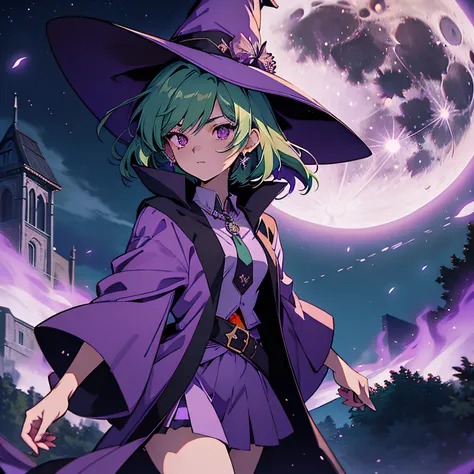 top-quality、extremely delicate and beautiful、(A teenage girl)、Purple Eye、Green hair、short-haired、(purple witch hat)、Purple tie、Soio、shortsleeves、Purple skirt、Purple Wizard Robe、Navel、is standing、Full moon night on background