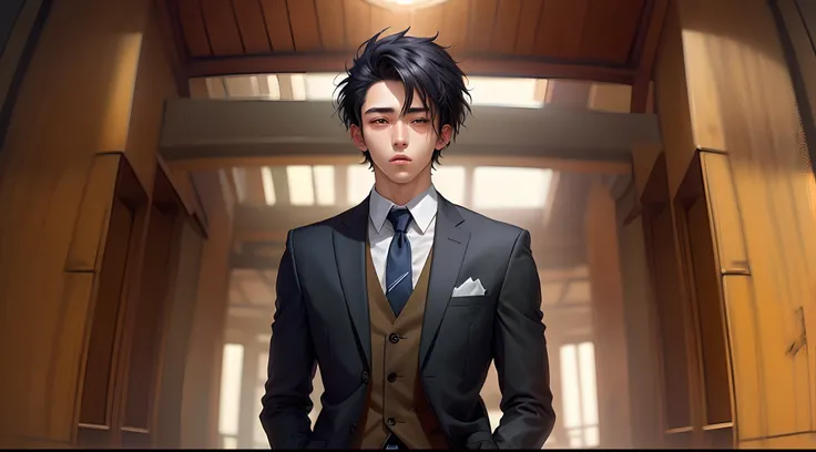 Anime 22 year old guy with black hair. Is wearing a suit.