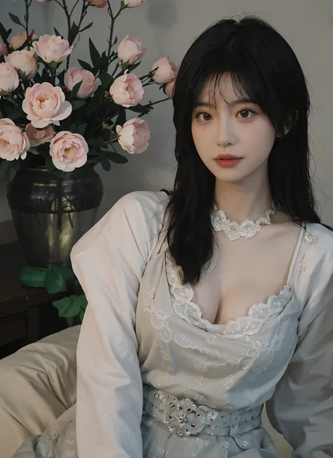 best qualtiy， 超高分辨率， （realisticlying：1.4）， one-girl， A pair of clear and moving peach blossom eyes,Royal Sister，Openwork lace，Black long straight，Yellow tight skirt， （big cleavage breasts：1.4）， looking at viewert， closeup cleavage ，