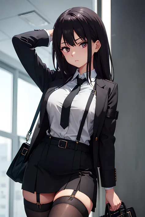 Suit,Collared shirt,Belt bag,Suspenders Black Miniskirt　garterbelts　knee high　Stockings　Black Niso　Colorcon armpit sweat　perspiring　Side of both hands,Black jacket,Gaze,ample bosom,Armpit sweat,Exposing the armpits"Tight clothes、Cuffed、wristbands　Bet