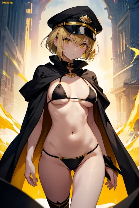 top-quality、extremely delicate and beautiful、femele、Wearing a black cloak。Colossal tits、Black Bikini Bra、Yellow military cap、Thunder properties、a blond、short-haired、Yellow eyes、Navel、((Lower body is yellow micro bikini))、Belt at waist、is standing、full-body...