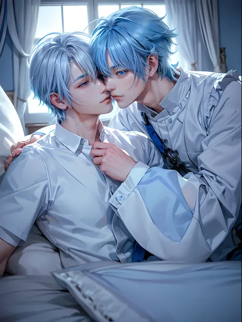 For two、Short-haired man、((Man with white hair and man with blue hair))、((Boys Love))、Man with neutral face with gray hair))、((Man with blue hair with wild face))、Male couple、White Y-shirt、Sexy figure with clothes fluttering、Happiness、youthfulness、lovey-do...