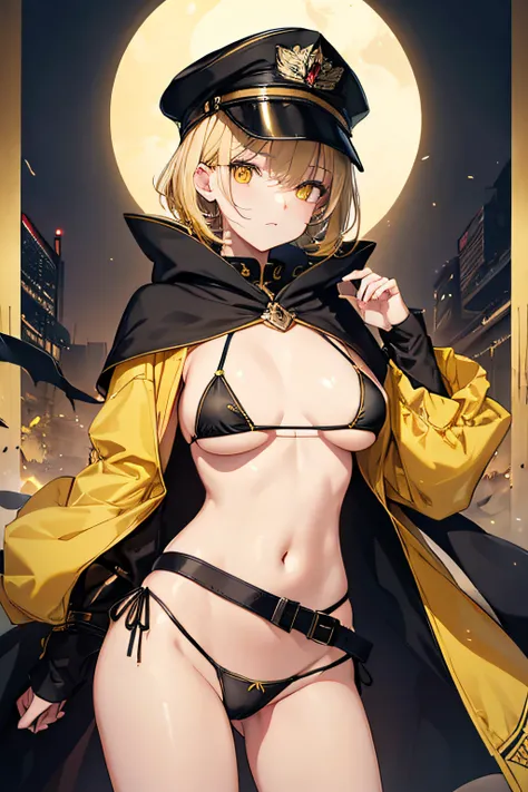 top-quality、extremely delicate and beautiful、femele、Wearing a black cloak。Colossal tits、Black Bikini Bra、Yellow military cap、Thunder properties、a blond、short-haired、Yellow eyes、Navel、((Lower body is yellow micro bikini))、Belt at waist、is standing、full-body...