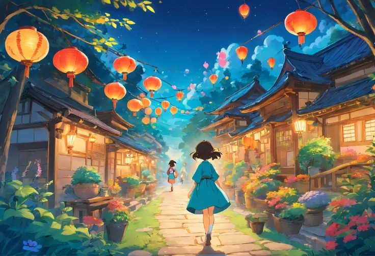 In the garden，colorful lanterns，Mid-Autumn Festival，Cartoon picture Normal background, A beautiful artwork illustration, Colorful illustration, colorful kids book illustration, Comfortable family，A girl，Colorful illustrations, archan nair, painting illustr...