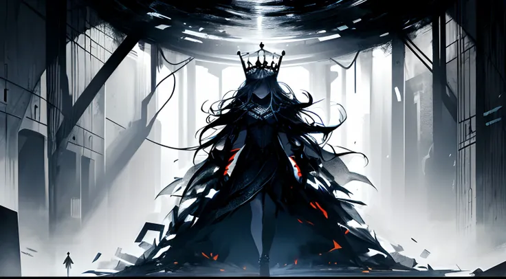 an illustration depicting a person emerging from the darkness, leaving behind a dark, oppressive room. This person could be standing, wearing a crown with determination, symbolizing resilience and the courage to face ones problems and not give up, even whe...