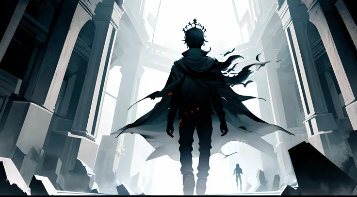 an illustration depicting a boy emerging from the darkness, leaving behind a dark, oppressive room. This person could be standing, wearing a crown with determination, symbolizing resilience and the courage to face ones problems and not give up, even when c...