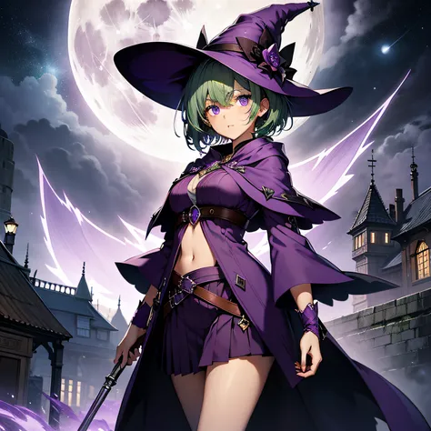 top-quality、extremely delicate and beautiful、(A teenage girl)、Purple Eye、Green hair、short-haired、(purple witch hat)、Purple tie、Soio、shortsleeves、Purple skirt、Purple Wizard Robe、Navel、is standing、Full moon night on background