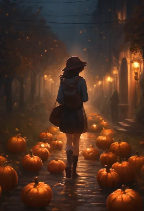 A nerdy girl is walking down a dark path decorated with halloween pumpkins, while it rains, with a book in her hands, makoto shiing, highly detailed, incredible quality, trending in artstation animenkai and studio ghibli, dramatic light