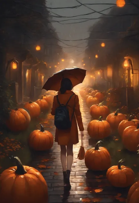 A nerdy girl is walking down a dark path decorated with halloween pumpkins, while it rains, with a book in her hands, makoto shiing, highly detailed, incredible quality, trending in artstation animenkai and studio ghibli, dramatic light