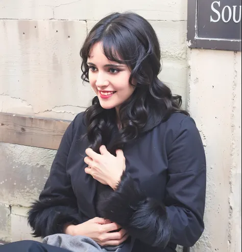 there is a woman sitting on a bench with a black cat, her black hair is a long curly, set photo in costume, colourized, a still of a happy, in the 1 9 2 2 film, on set, a colorized photo, wearing 1 9 2 0 s cloth hair, vintage look, olivia culpo as milady d...