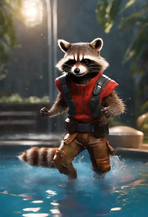 detailed realistic Marvel photo style Rocket Raccoon soaked wet emerging from a pool, visible erect penis, realistic wet fabric, realistic wet fur, full body view, flirty pose