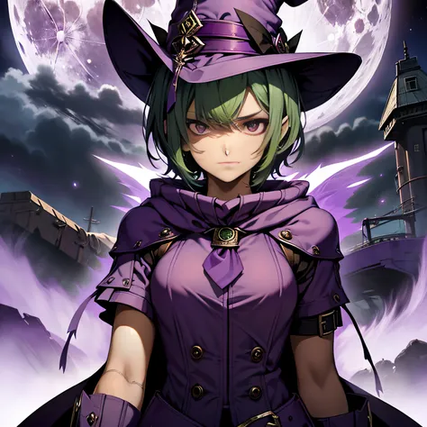 top-quality、extremely delicate and beautiful、(A teenage girl)、Purple Eye、Green hair、short-haired、(purple witch hat)、Purple tie、Soio、shortsleeves、Purple skirt、Purple Wizard Robe、Navel、is standing、Facing the front、Murderous expression、Grinning、Full moon nigh...