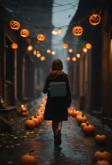 A nerdy girl is walking down a dark path decorated with halloween pumpkins, while it rains, with a book in her hands, makoto shiing, highly detailed, incredible quality, trending in artstation animenkai and studio ghibli, dramatic light