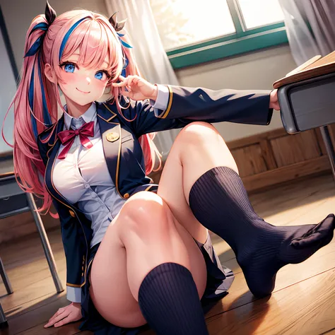 a beauty girl，Ribbon on uniform，Cute uniform，blazers，A smile，teens girl，Savage girl，girl，top-quality，Colossal tits，​masterpiece，Excellent style，Erotic Cute，超A high resolution，beautiful a girl，Lovely girl，multicolored hair，Loose socks，HD image quality，beaut...