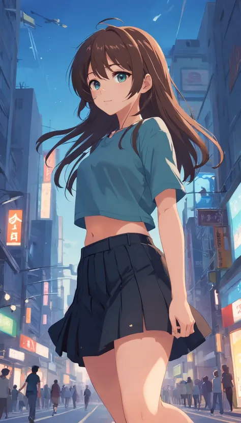 infp young woman，Normal appearance，medium build，Long hair that goes down to the waist，The eyes are sinister。She wears a black shirt and black skirt，Have you ever worn sneakers on your feet。