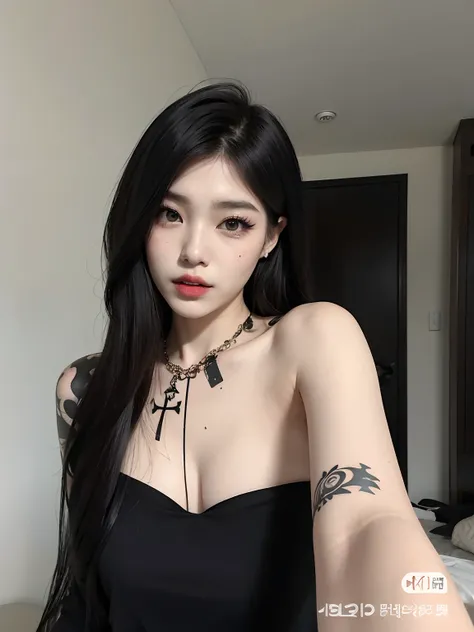 a close up of a woman with a tattoo on her arm, cruel korean goth girl, de menina taiwanesa com tatuagens, goth girl aesthetic, ...