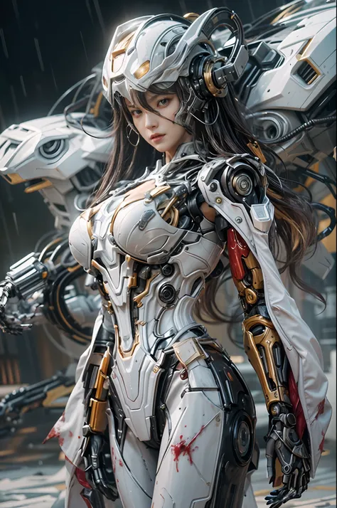 (1 beautiful cyberpunk woman，there is a very detailed aura mech chef treat, anatomy correct，accurate and perfect korean female f...